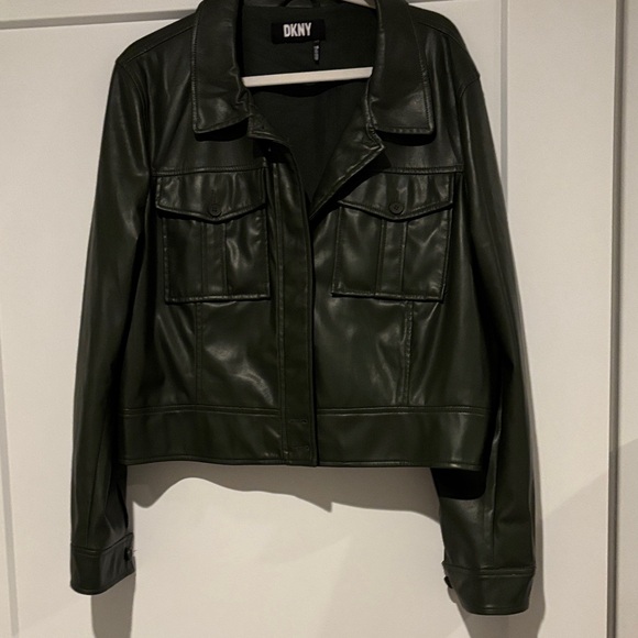 DKNY Women's Dark Green Leather Jacket - Picture 1 of 6